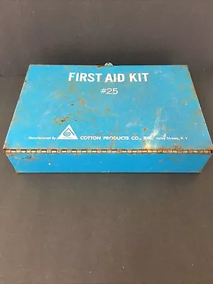 Vintage First Aid Kit Metal Case Acme Cotton Products Unit Blue Inventory Label • $29.85