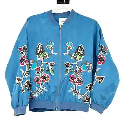 I. Madeline Womens Boho Floral Embroidered Zip Up Bomber Jacket Size S Blue • $41.30