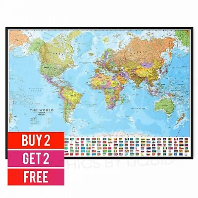 A3 Laminated World Map With Flag Atlas Educational Wall Chart Poster • £0.99