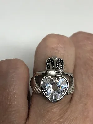 Vintage Claddaugh Heart Ring Cubic Zirconia Silver Stainless Steel Size 6 • $36