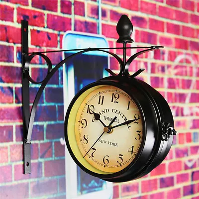 Wall Clock Double Sided Train Station Retro Hanging Bracket Outdoor Swivel • £11.95