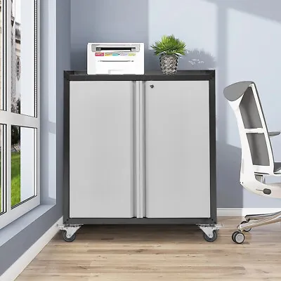 Mobile Steel Storage Cupboard 2 Door Lockable Filing File Cabinet Office Home UK • £95.95