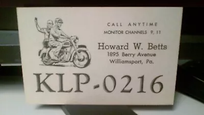 CB Radio QSL Postcard Motorcycle Biker Betts 1960s Williamsport Pennsylvania • $9.81