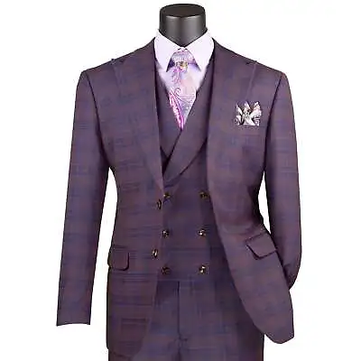 VINCI Men's Purple Plaid Peak Lapel 3 Piece 2 Button Modern Fit Suit NEW • $140