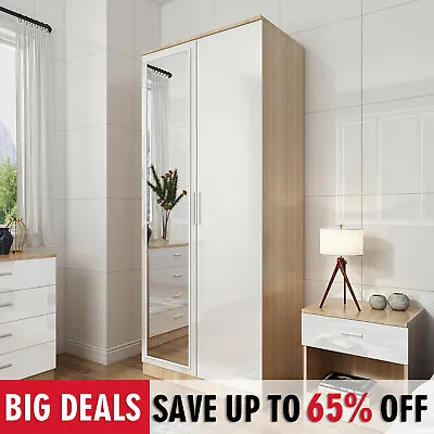 2 Door Wardrobe With Mirror High Gloss Large Storage 5 Colors Cupboard Furniture • £156.98