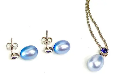 Honora Sterling Silver  Ming Sky Blue Pearl Necklace And Earrings Set QVC • £175.86