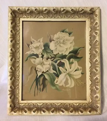 Turner Print Mid Century Florals Tan Background Ornate Retro Wood Frame Signed • $10