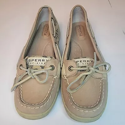 Sperry Top-Sider Womens 7.5 M Leather Leopard Sequins Beige Boat Shoe • $14.90