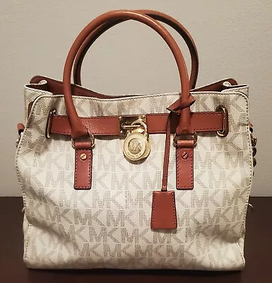 MICHAEL KORS Monogram Hamilton Tote Handbag Brown/Cream Leather Gold-Toned Bling • $71.97