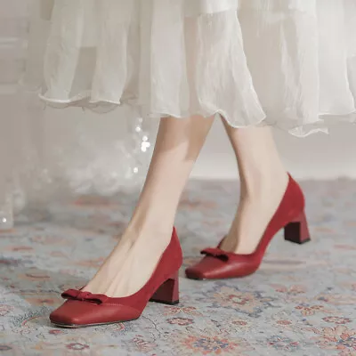 Vintage Women Elegant Square Toe Suede Shoes Bow High Heels Bride Wedding Shoes • $46.34