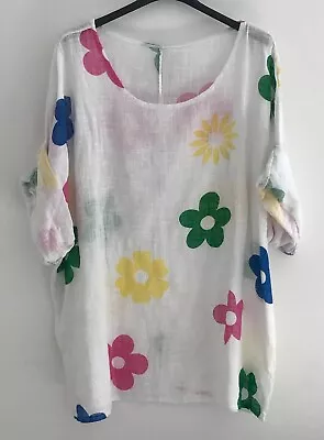 New Ladies Women's Italian Lagenlook Cotton Floral Print Tunic Top Plus Sizes • £14.99