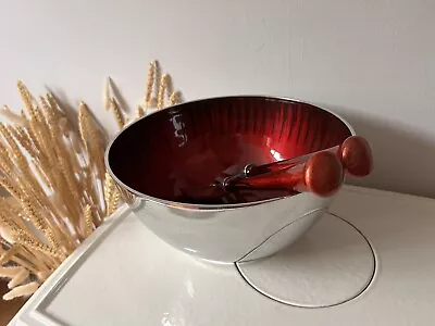 Kitchen Salad Serving Bowl With Servers Red & Silver • £9.99