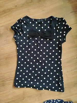 £4.99 • Buy Next Women’s T Shirt Top, Jersey,  Size 8 Black Polka Dot, Bow Detail