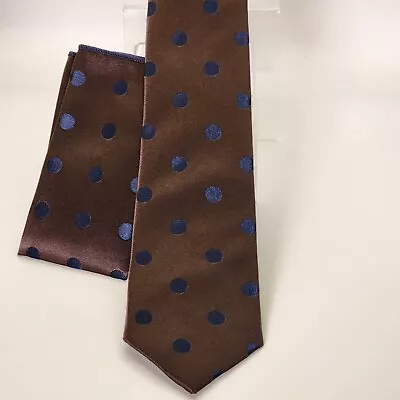 NWT Imani Uomo Men's Tie 2.5  Silky Brown Navy Polka-dot & Pocket Square  • $26