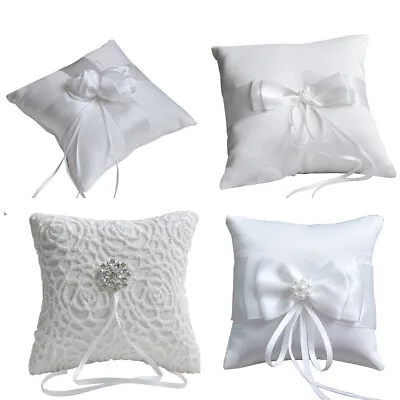 White Lace Satin Bow Ribbon Wedding Ceremony Ring Bearer Pillow Cushion Decor • £10.30