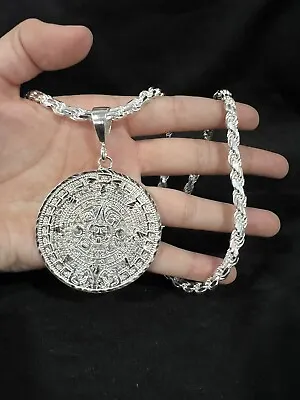 925 Sterling Silver BIG Men's Aztec Mayan Calendar Pendant & Rope Chain 24 26 30 • $400