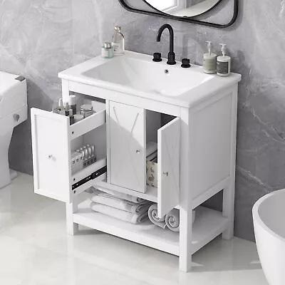 30 Inch Bathroom Vanity Stand Cabinet Ceramic Sink With Overflow Open Shelf • $378