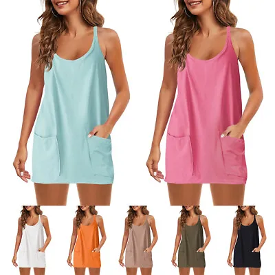 Womens Cami Vest Tank Tops Ladies Summer Pockets Tunic Mini Dress Sun Dresses AU • $11.17
