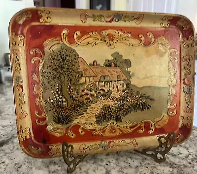 Florentine Style Tray Hand Painted Paper Mache Cottage Scene Vtg 40’s-50’s • $29