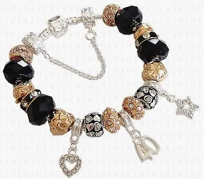 BLACK Silver & GOLD Charm Bead Bracelet ~ Hearts Stars Safety Chain & Gift Box • £9.99