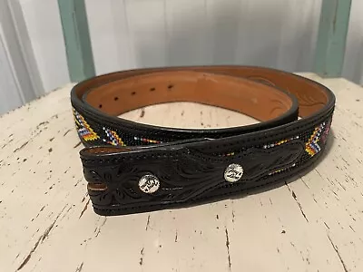 Tony Lama Tooled & Beaded Leather 1.5  SW /Aztec Design Black Belt 46” No Buckle • $49.99