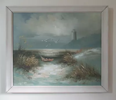 Large Vintage Coastal Lighthouse Oil Painting Signed ENGEL Unframed • £35