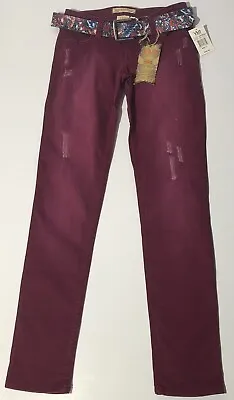 NWT YMI Cranberry Colored Jeans With Colorful Belt Juniors Size 3 Distressed • $26.99