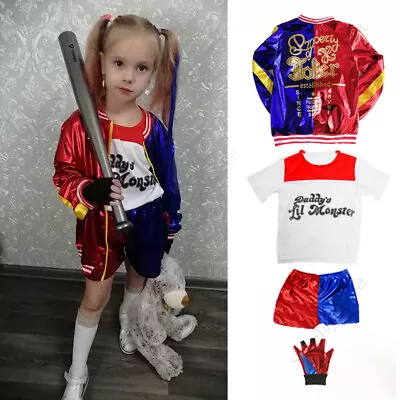 Kids Harley Quinn Costume Harlequin Suicide Squad Film Halloween Fancy Dress Set • $9.79