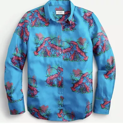 105. J. CREW COLLECTION $128 Twill 100% Silk Lobster Print Shirt Top Size 8 NWT • $88