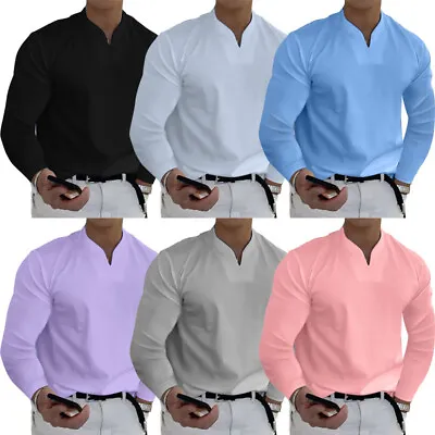 $12.92 • Buy Mens Casual Slim Fit V Neck Long Sleeve T-Shirt Muscle Workout Tee Top Blouse~