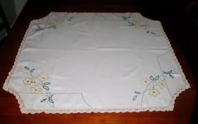 Vintage Hand Embroidered Tablecloth ~ Yellow Flowers~ Linen ~ Lace Edge • $18.50