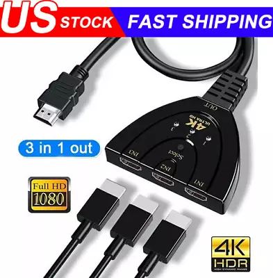 2FT 4K HDMI 2.0 Cable Auto Switch Switcher Splitter  Adapter 3 In-1 Out Device • $6.69