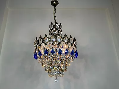 Antique / Vintage Brass &Crystal Chandelier Lighting French  Ceiling Lamp 1960’s • $475