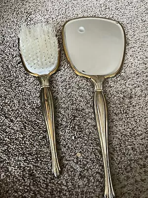 Vintage Hand Mirror And Brush Vanity Set Gold Tone Metal Embossed Floral Design • $15