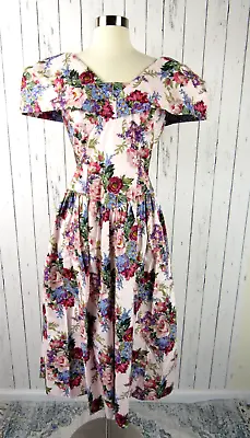 Vintage 80s NEW NOS Pink Cotton Floral Big Sleeves Tea Party Prom Dress S • $75.65