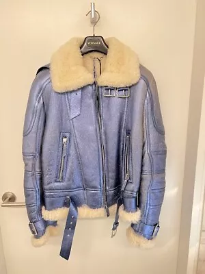 ULTRA RARE Versace DAZZLING Blue Foil Leather Shearling Bomber Jacket! 50/40 L • $999.99