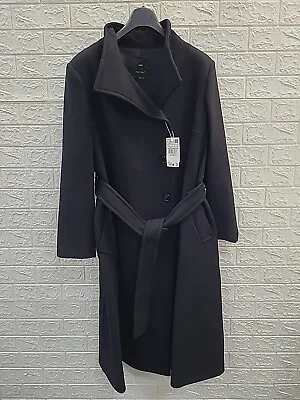 New Mango Long Black Italian Wool Belted Coat Size 1XLarge • $299.99