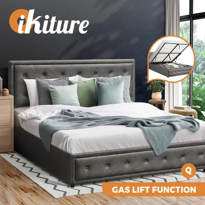 $319.90 • Buy Oikiture Bed Frame Queen Size Gas Lift Base With Storage Grey Fabric