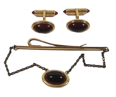 Vintage Krementz Goldtone & Faux Plastic Red Stone Cufflinks & Tie Bar Set • $18.99