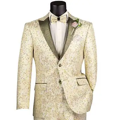 VINCI Men's Champagne Beige Jacquard Slim Fit Tuxedo W/ Matching Bow-Tie NEW • $130