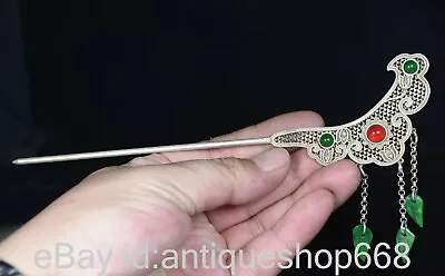 19.7CM Old Chinese Miao Silver Inlay Green Gem Flower Jewelry Hairpin • $29.90