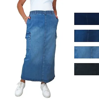 Ladies Cargo Maxi Skirt Stretch Denim With Elasticated Waist Long Skirt 10-22 • £25.99