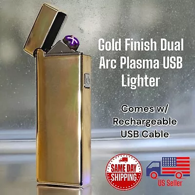 USB Gold Finish Lighter Dual Arc Plasma Flame Windproof Metallic Lightweight  • $8.49