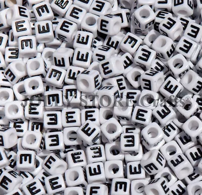 Letter E - 100pc 7mm Alphabet Beads White With Glossy Black Letters • $5.99