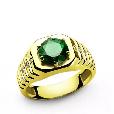 10k Yellow Solid Mens Gold Ring With Emerald And 6 Genuine Diamonds • $589