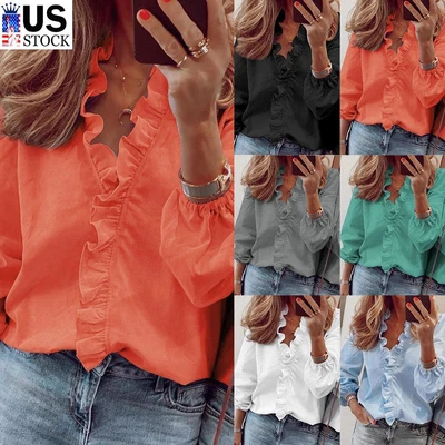 $14.72 • Buy Women Ruffle V Neck T-shirt Ladies Long Sleeve Casual Baggy Blouse Tunic Tops US