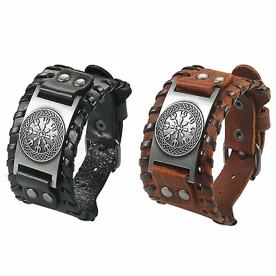 Mens Viking Runic Compass Celtic Pagan Leather Rope Nordic Bracelet Cuff Bangle • $8.99