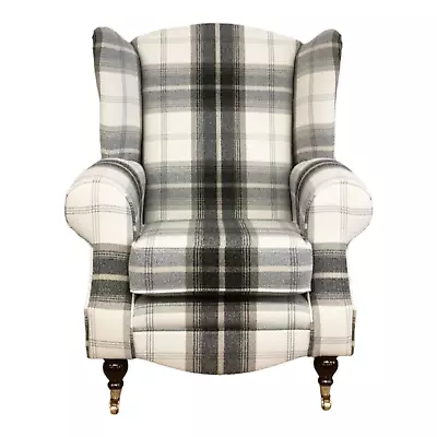 Wing Back Queen Anne Cottage Chair Balmoral Charcoal Tartan Dark Wood Legs   • £479