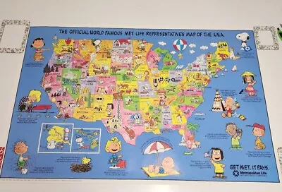 Vintage Peanuts Snoopy Met Life Poster Map Of United States Of America NEW • $500