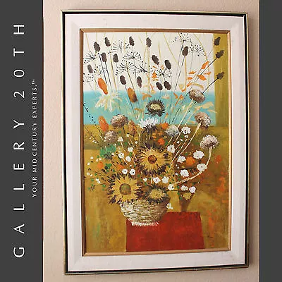 Beautiful! Colorful Modern Flowers In Basket! Oil Painting Orig Mcm Vtg Wall Art • $2200